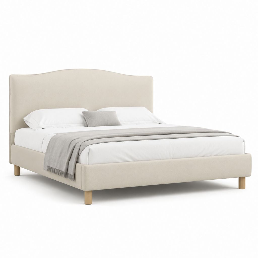 Letto matrimoniale imbottito beige in poliestere con testiera sagomata 170 x 215 x 110 cm