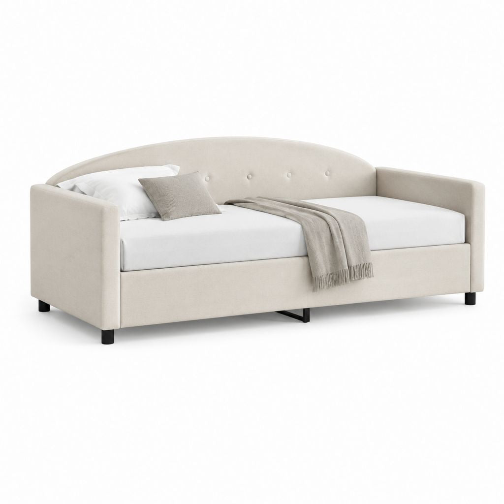 Letto singolo imbottito beige in poliestere con testiera curva 90 x 200 cm