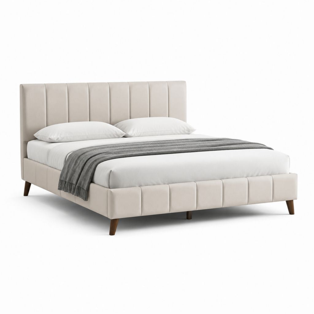 Letto matrimoniale imbottito beige in similpelle PU 160 x 200 cm