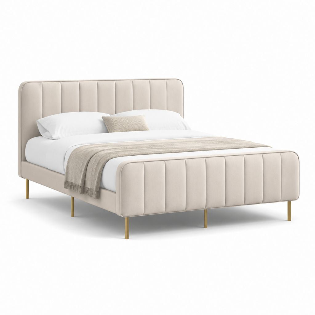 Letto matrimoniale imbottito beige in poliestere 175 x 215 x 110 cm con testiera e pediera trapuntate