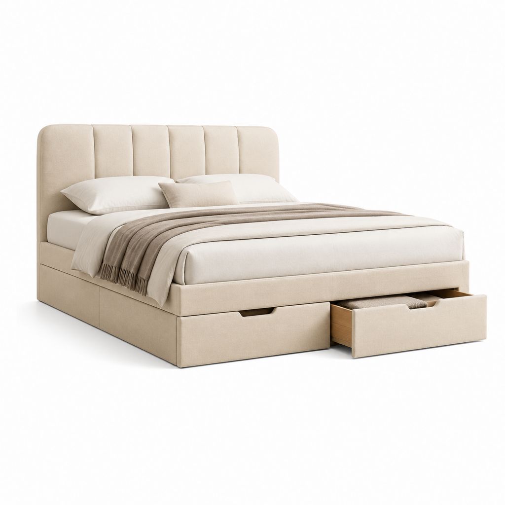 Letto matrimoniale contenitore beige in poliestere con testiera imbottita e 2 cassetti 160 x 200 cm