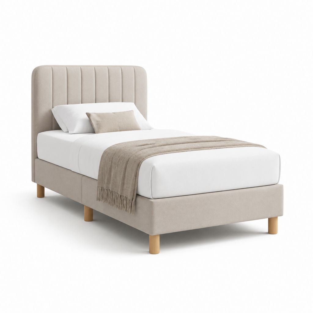 Letto singolo imbottito beige in poliestere con testiera arrotondata 90 x 200 cm