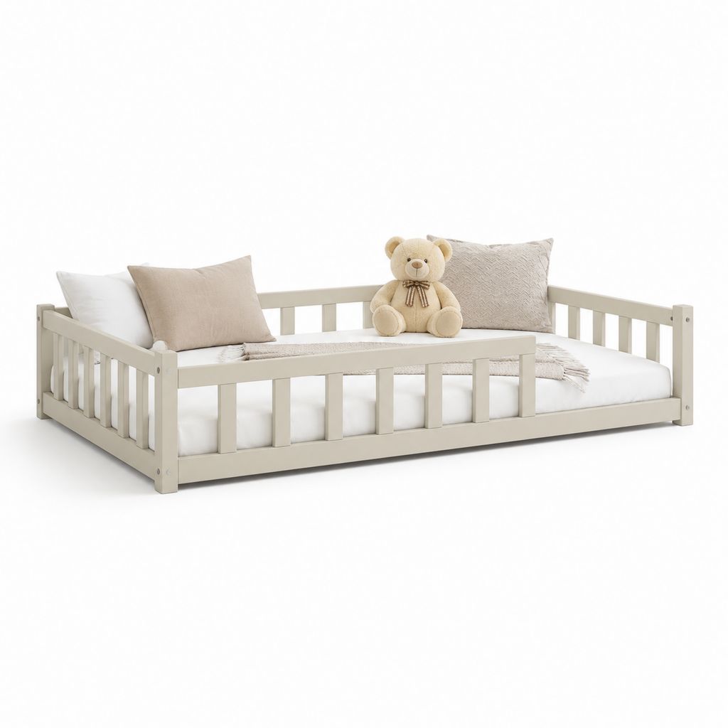 Letto per bambini rettangolare con sponde avorio in legno massello di pino 140 x 70 cm