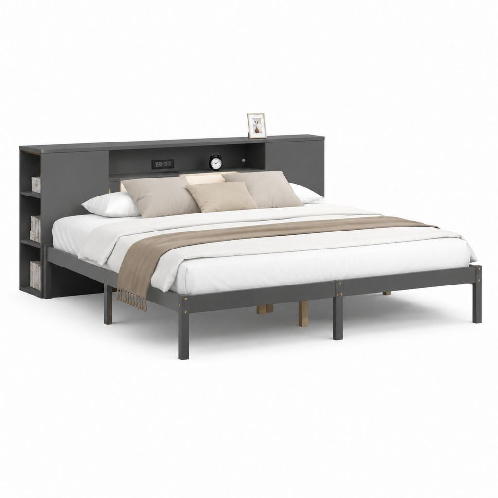 Letto matrimoniale con testiera libreria grigio antracite in pannello truciolare rettangolare per materasso 160 x 200 cm