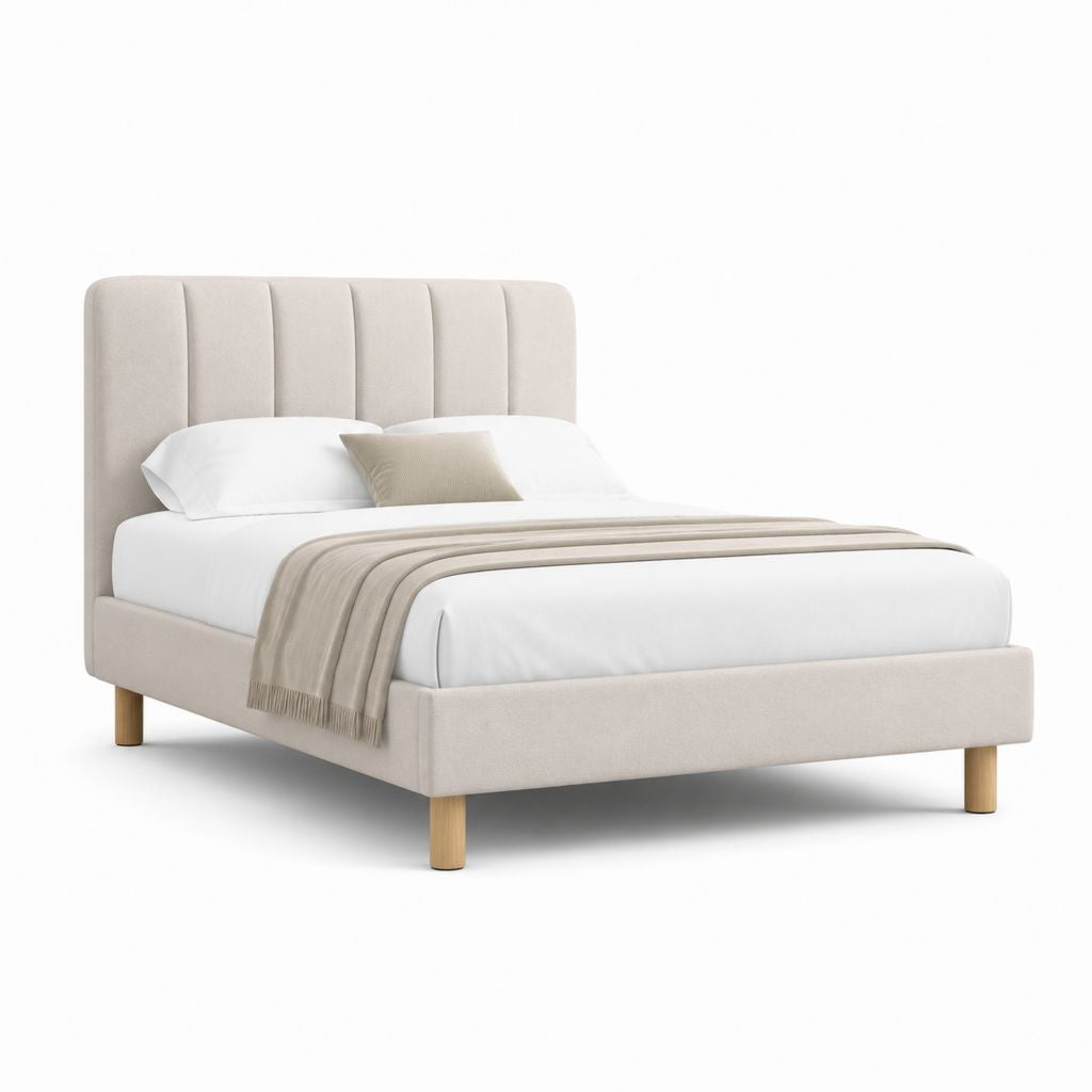 Letto matrimoniale imbottito beige in poliestere con testiera verticale 160 x 200 cm