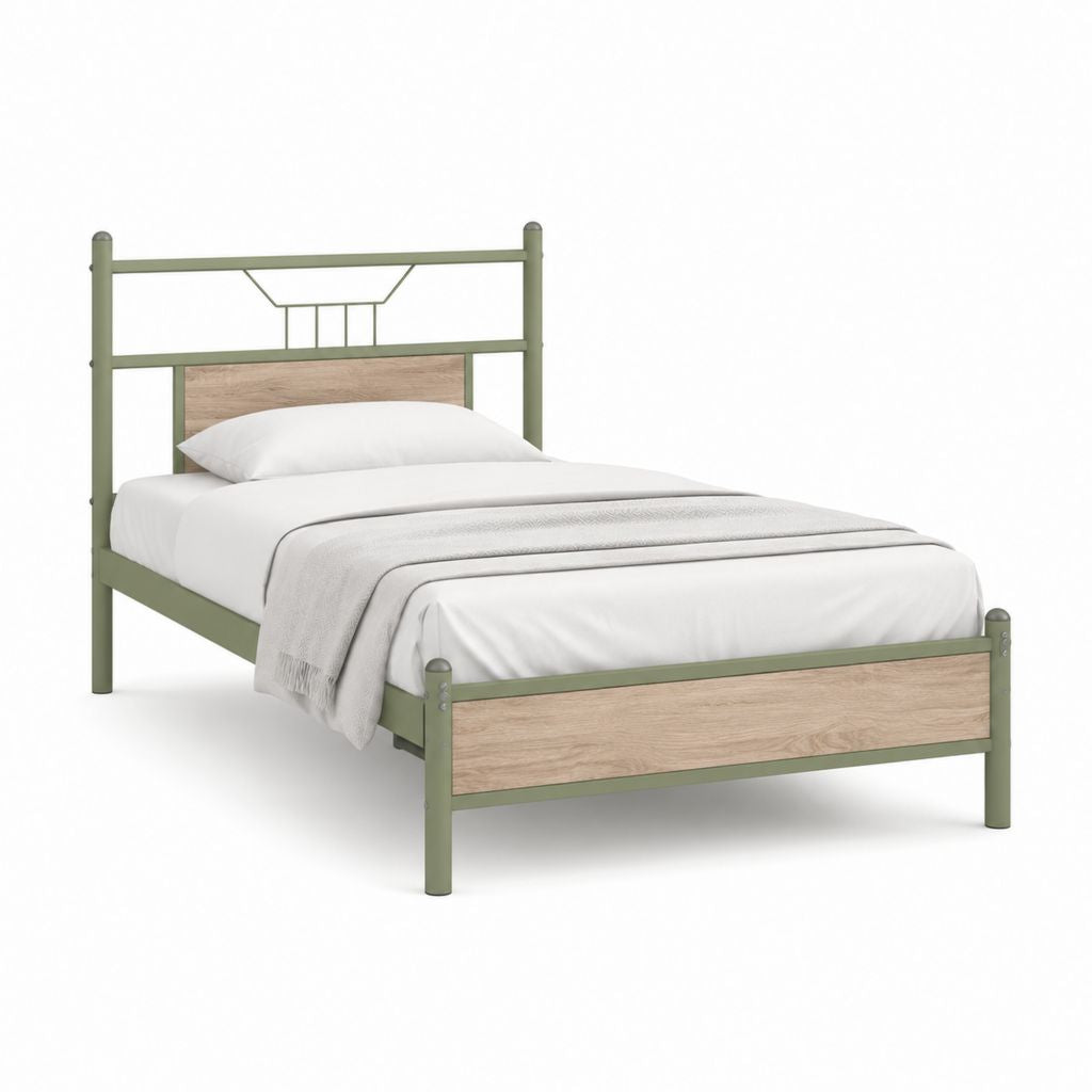 Letto singolo con struttura in acciaio verde e pannelli MDF effetto rovere 90 x 190 cm