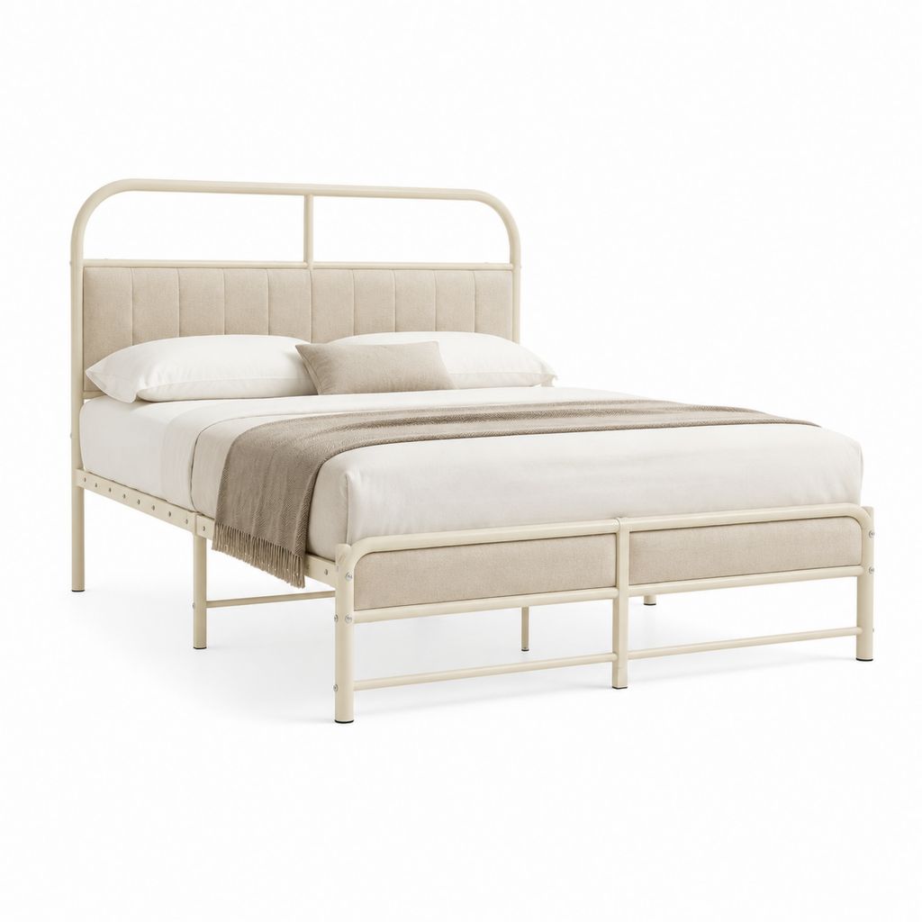 Letto matrimoniale con struttura in acciaio avorio e testiera imbottita in poliestere 160 x 200 cm