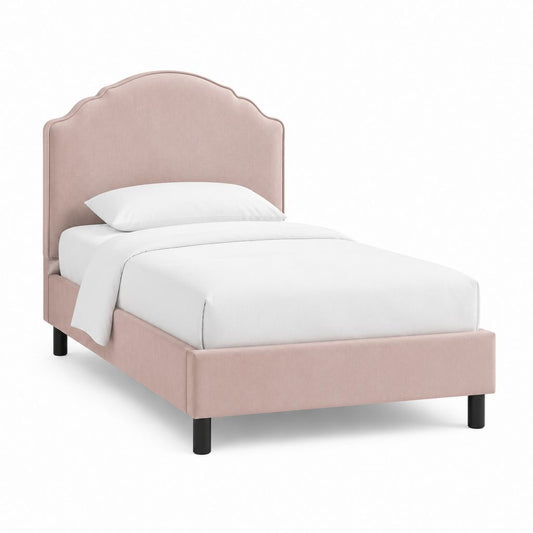 Letto singolo imbottito rosa in velluto di poliestere con testiera sagomata 90 x 190 cm