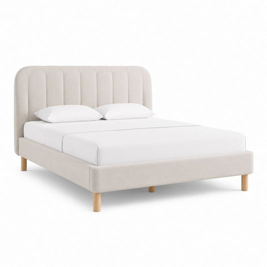 Letto matrimoniale imbottito beige in poliestere con testiera alta 160 x 200 cm