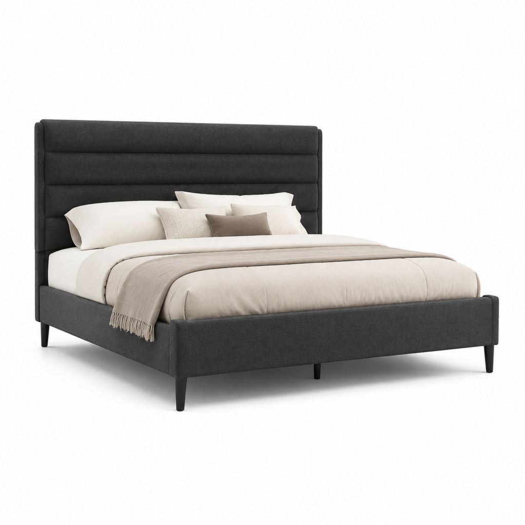 Letto matrimoniale con testiera imbottita grigio scuro in poliestere rettangolare 170 x 215 x 120 cm per materasso 160 x 200 cm