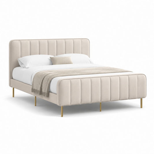 Letto matrimoniale imbottito beige in poliestere 175 x 215 x 110 cm con testiera e pediera trapuntate