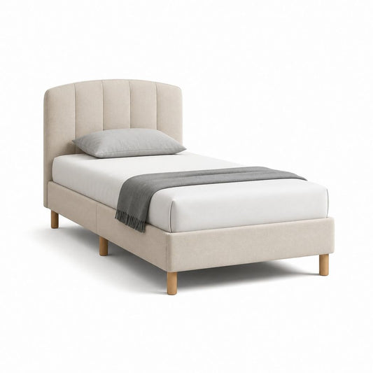 Letto singolo imbottito beige in poliestere con testiera arrotondata 90 x 200 cm