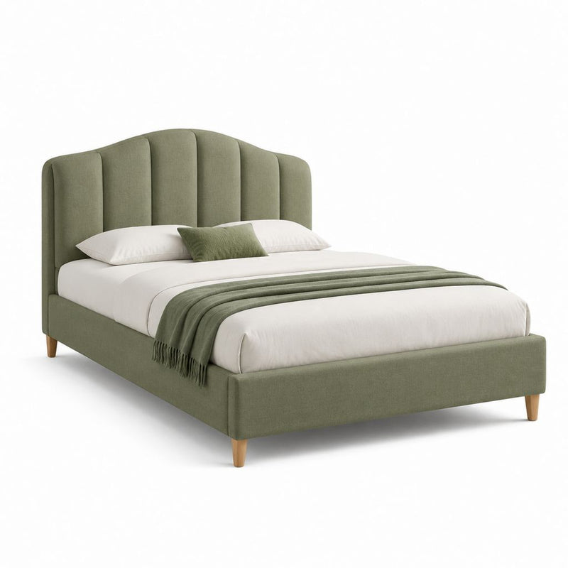 Letto matrimoniale imbottito rettangolare verde salvia in poliestere con testiera curva 160 x 200 cm