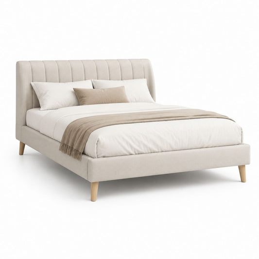 Letto matrimoniale imbottito beige in poliestere con testiera curva 160 x 200 cm