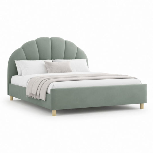 Letto matrimoniale imbottito verde salvia in velluto di poliestere con testiera a conchiglia 160 x 200 cm