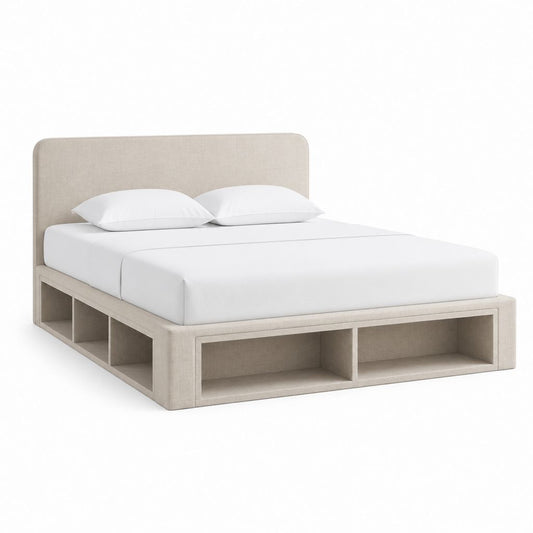 Letto contenitore 160x200 cm beige in poliestere con vani portaoggetti