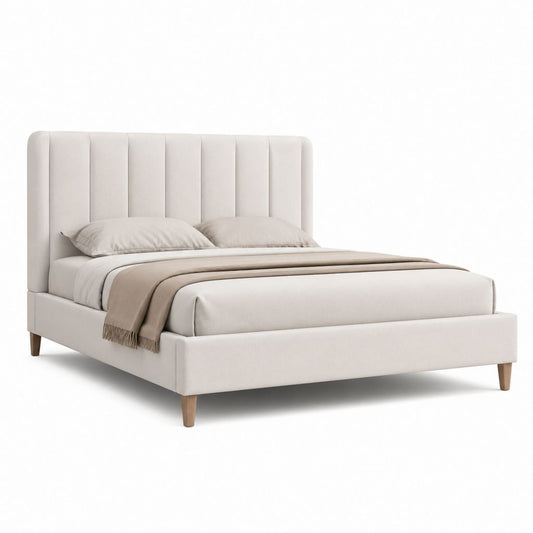 Letto matrimoniale imbottito beige in poliestere con testiera a pannelli verticali 160 x 200 cm