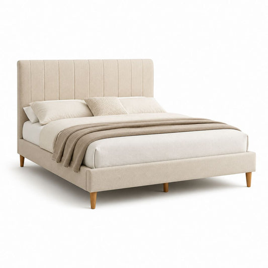 Letto matrimoniale imbottito beige in poliestere con testiera alta 160 x 200 cm