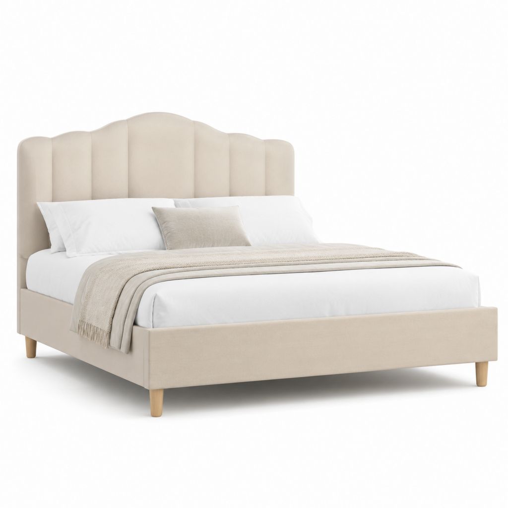 Letto matrimoniale imbottito beige in poliestere con testiera ondulata 160 x 200 cm