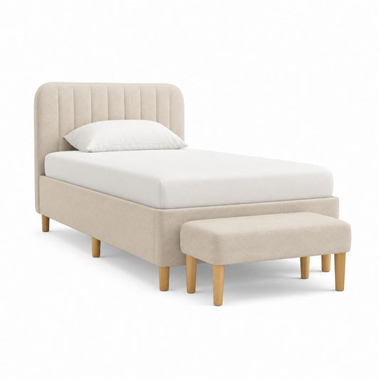Letto singolo imbottito con panca beige in poliestere 90 x 200 cm
