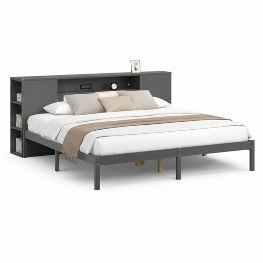 Letto matrimoniale con testiera libreria grigio antracite in pannello truciolare rettangolare per materasso 160 x 200 cm