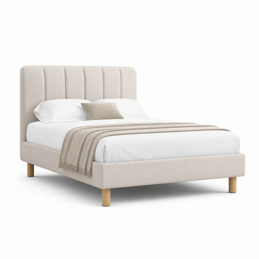 Letto matrimoniale imbottito beige in poliestere con testiera verticale 160 x 200 cm