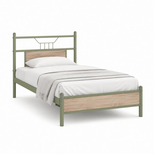 Letto singolo con struttura in acciaio verde e pannelli MDF effetto rovere 90 x 190 cm