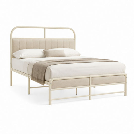 Letto matrimoniale con struttura in acciaio avorio e testiera imbottita in poliestere 160 x 200 cm