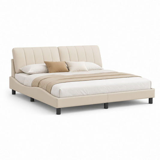 Letto matrimoniale imbottito beige in PU con testiera 160 x 200 cm