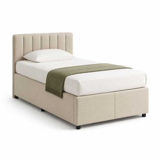 Letto singolo rettangolare imbottito beige in poliestere con testiera verticale per materasso 90 x 200 cm