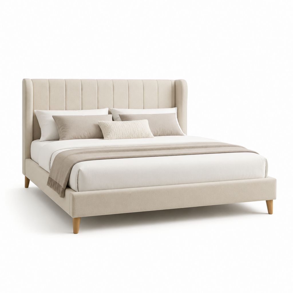 Letto matrimoniale imbottito beige in poliestere con testiera a pannelli 160 x 200 cm