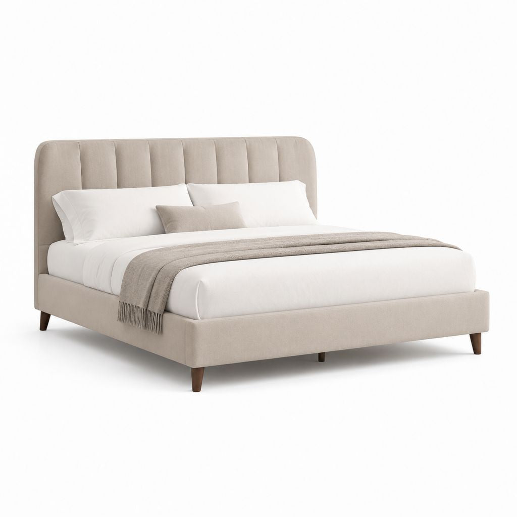 Letto matrimoniale imbottito beige in poliestere con testiera alta 160 x 200 cm