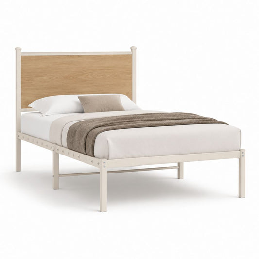 Letto matrimoniale rettangolare 140 x 190 cm bianco e rovere con struttura in acciaio e testiera in MDF