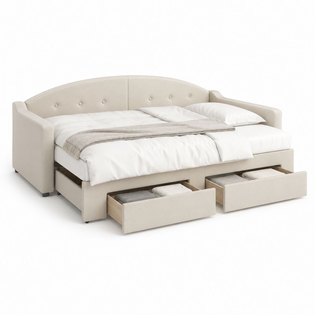 Letto matrimoniale con 2 cassetti beige in poliestere forma rettangolare 160 x 200 cm